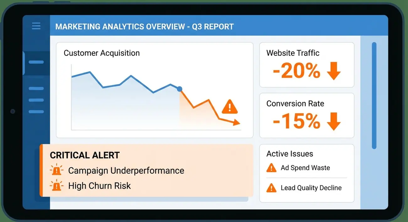 Dashboard showing ad creative fatigue detection metrics and warning signals