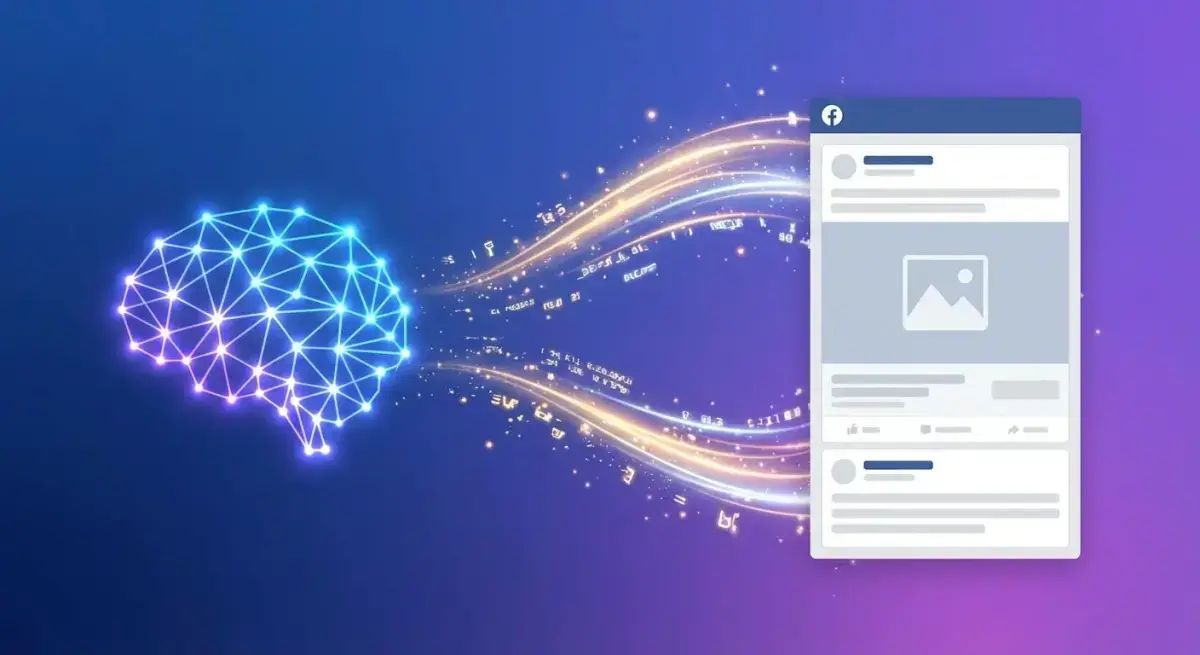 AI-powered Facebook ad copy generation workflow with neural network and ad mockup illustration