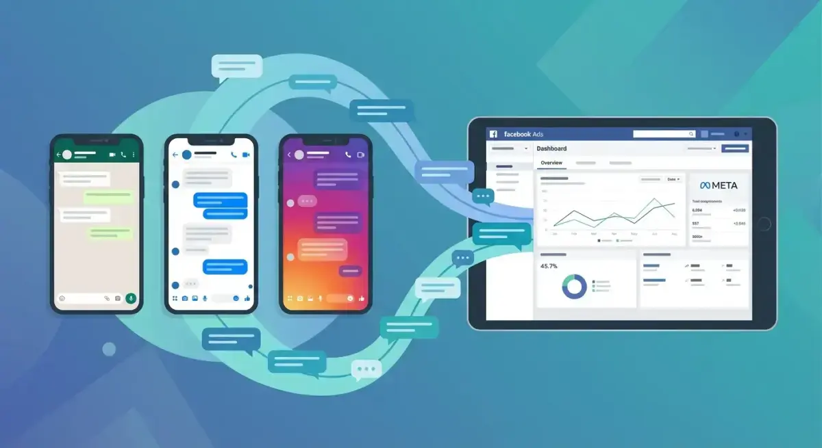 Three smartphone screens showing WhatsApp, Messenger, and Instagram DM interfaces connected to a Facebook Ads dashboard for click-to-message campaigns