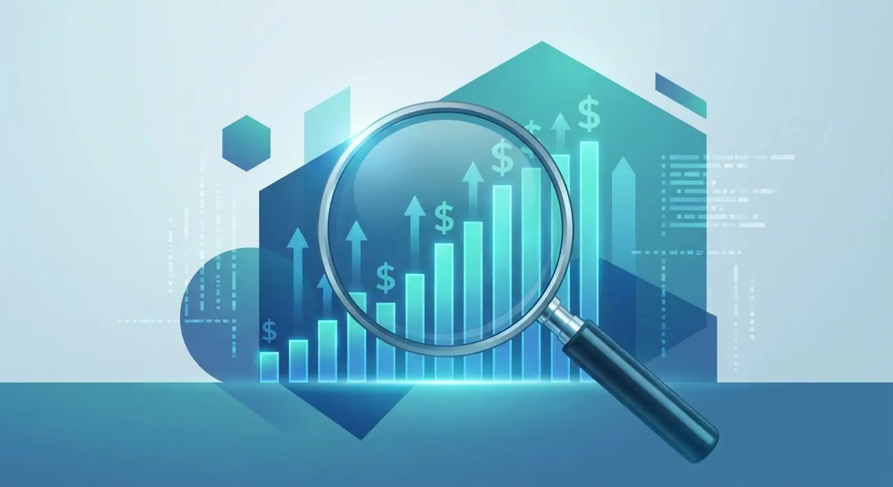 Magnifying glass analyzing advertising spend bar chart data with upward trend arrows