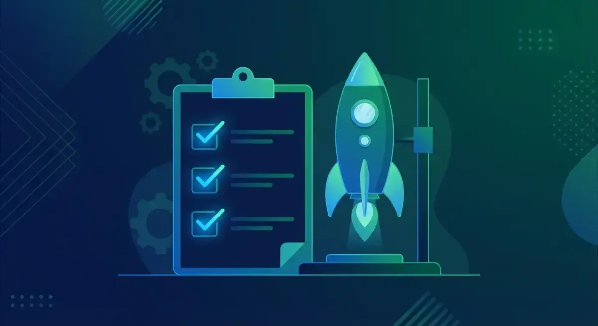 Pre-flight checklist clipboard next to a rocket launch icon representing Facebook ad account audit before scaling