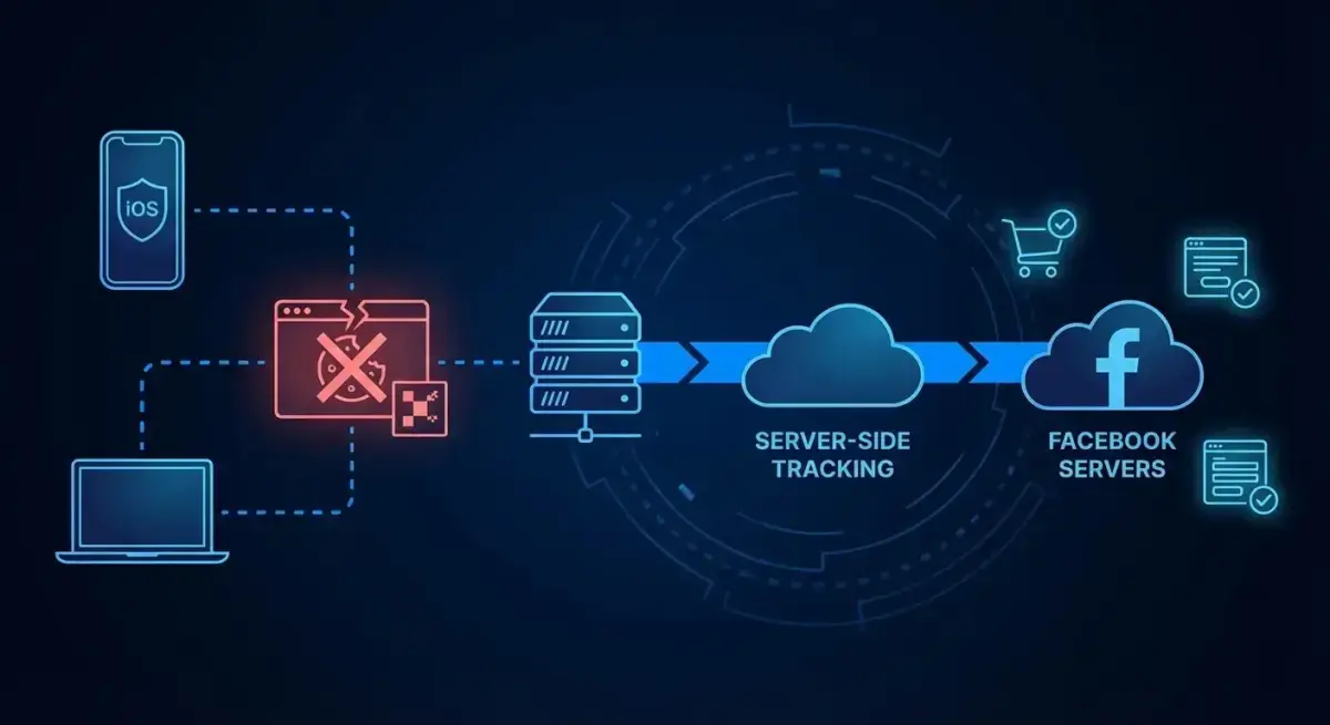 Illustration of Facebook Ads attribution with server-side tracking and CAPI data flow through privacy layers