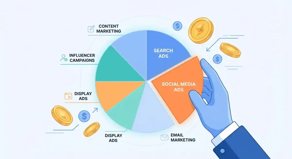 Budget allocation pie chart illustration for Facebook ads testing with segments for creative tests, audience tests, and scaling
