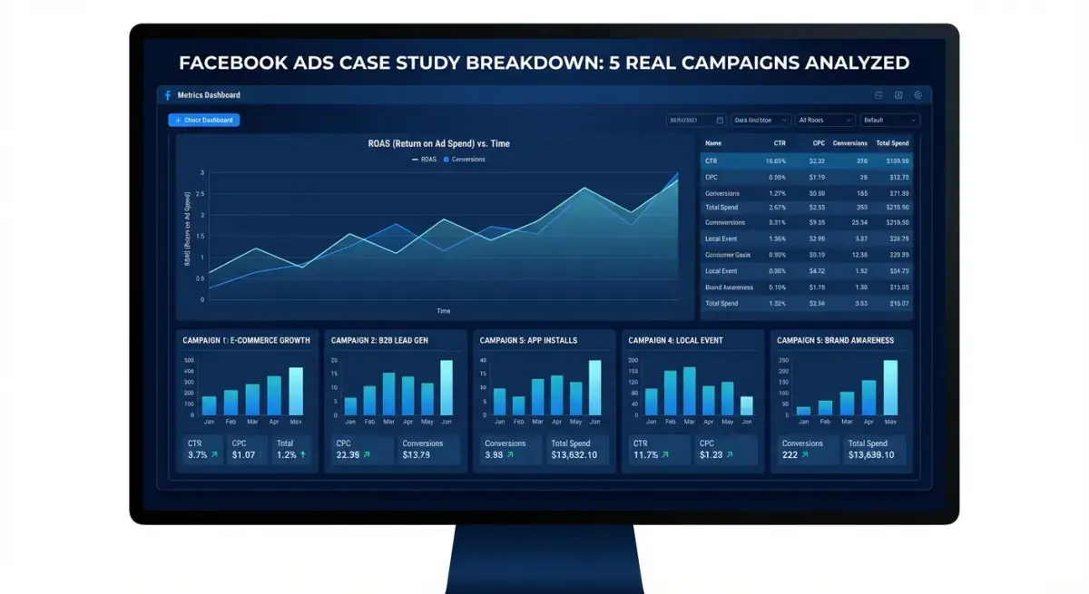 Editorial illustration of five Facebook Ads case study dashboards on a desk surrounded by sticky notes labeled DTC, lead gen, affiliate, local, and SaaS
