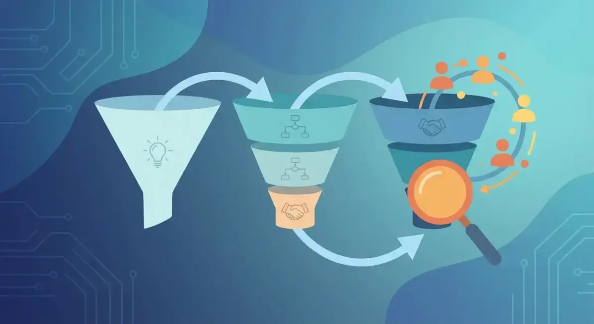 Marketing funnel illustration showing three retargeting stages from awareness to conversion with warm audience segments