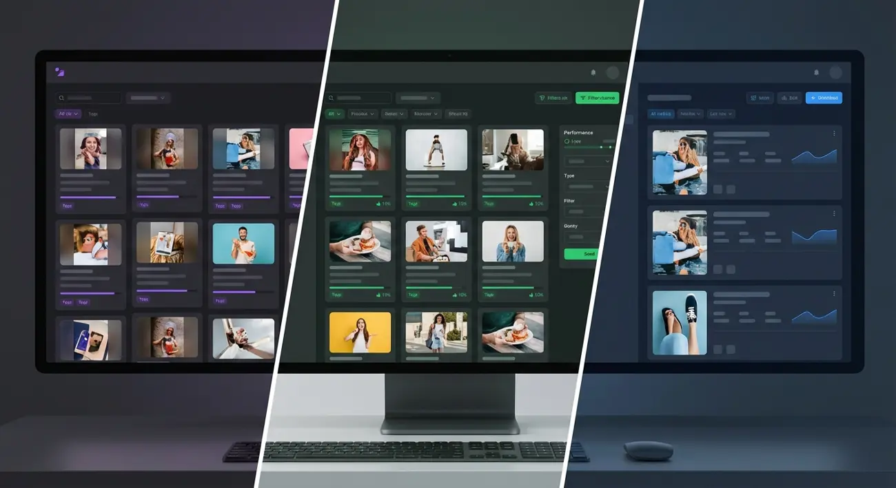 Three ad research tool dashboards compared side by side with different color accents