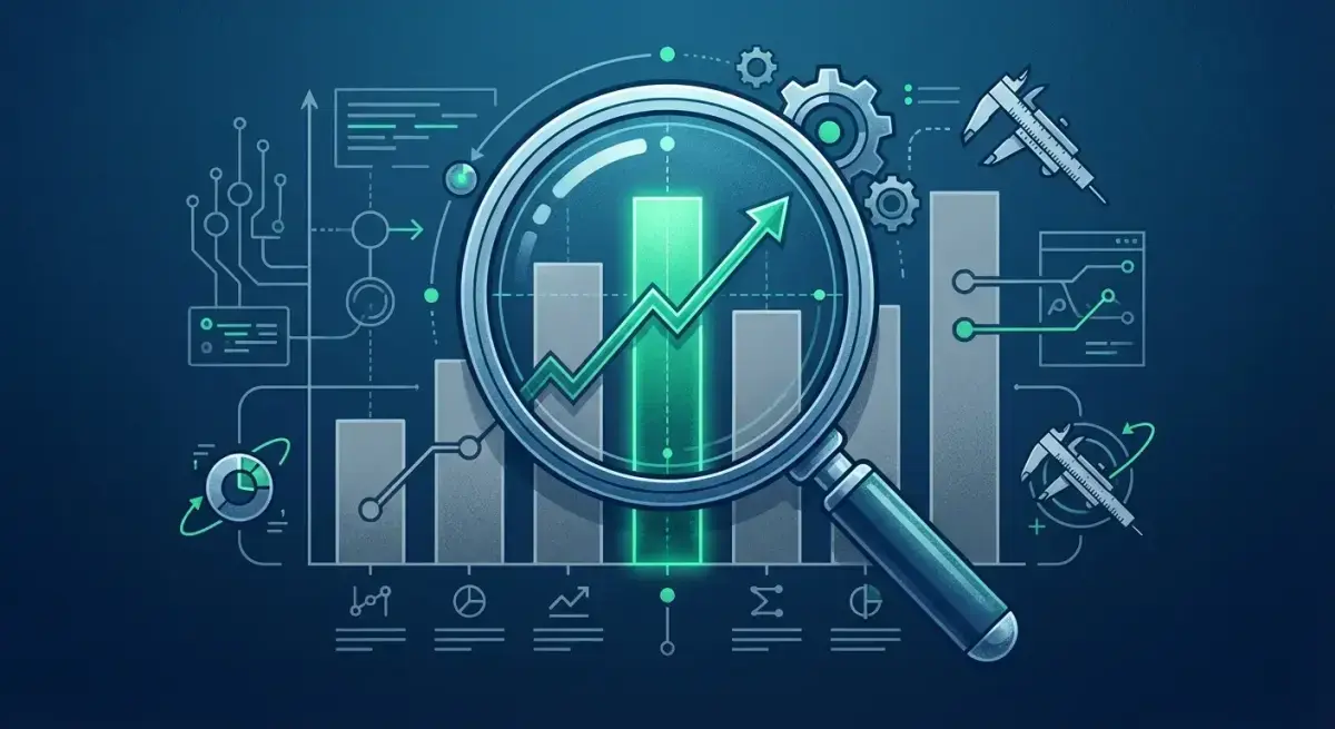 Magnifying glass examining a bar chart highlighting true incremental advertising impact versus attributed conversions