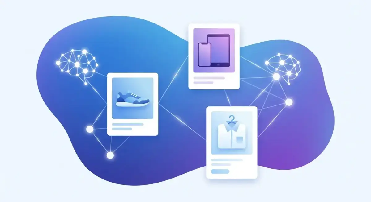 AI-powered eCommerce shopping campaign concept with neural network nodes connecting to product cards in blue and purple gradient design