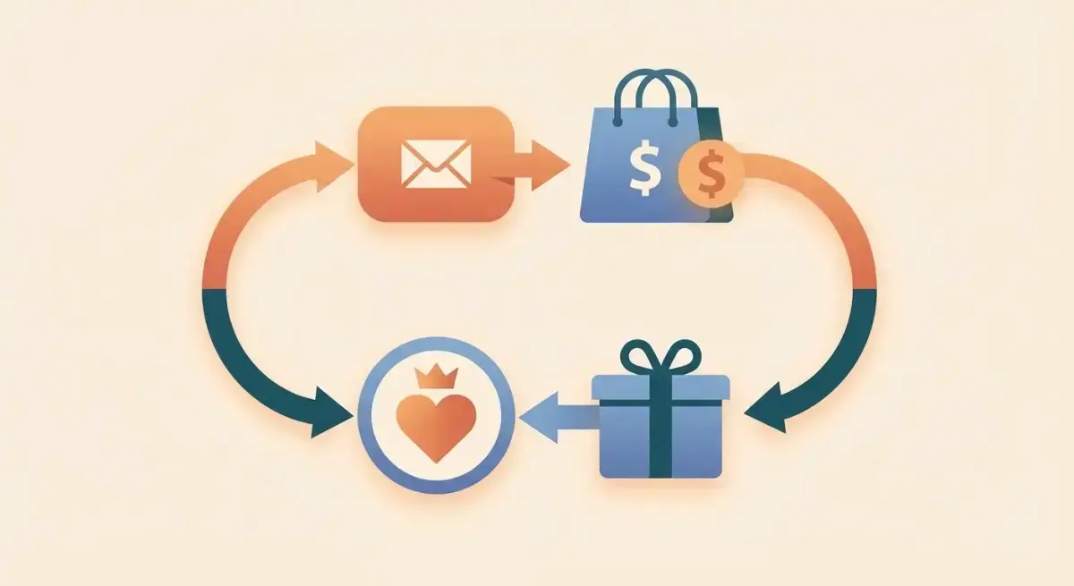 Illustration of a customer retention loop showing purchase, follow-up, and repeat purchase stages with loyalty program elements