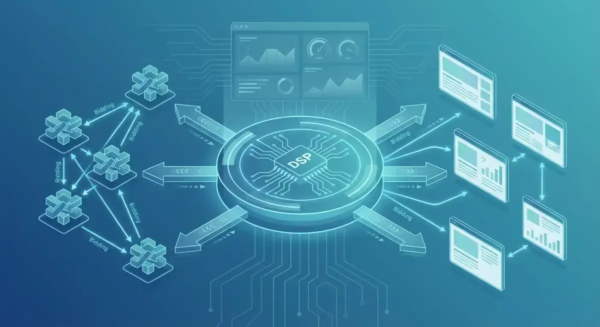 Digital illustration of a programmatic advertising ecosystem with DSP connections and data flow visualizations
