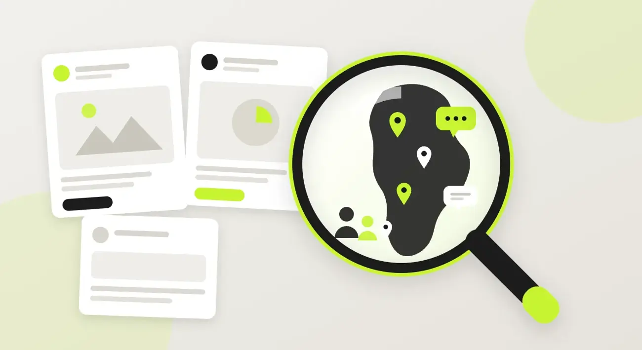 Lupa sobre un mapa de Latinoamérica revelando señales de audiencia en tarjetas de anuncios de Facebook