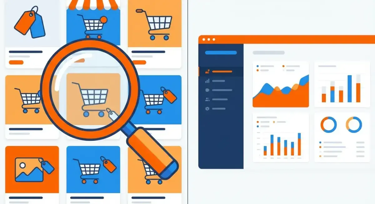Анализ рекламных креативов конкурентов в eCommerce — лупа над сеткой рекламных объявлений с товарами и аналитикой