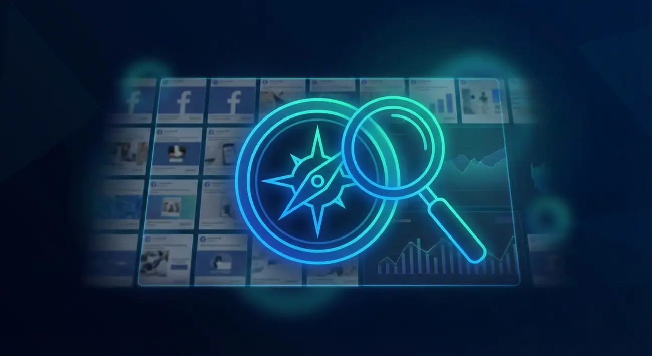 Новичок изучает рекламу конкурентов в Facebook через лупу и аналитический дашборд