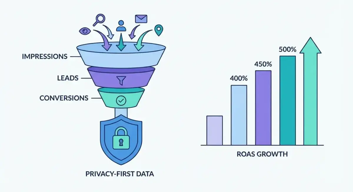 Иллюстрация концепции атрибуции Facebook Ads: воронка конверсий с метриками ROAS и щитом iOS-приватности