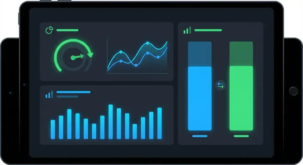 Дашборд KPI для медиабаинга с графиками ROAS, CPA и CTR на тёмном фоне