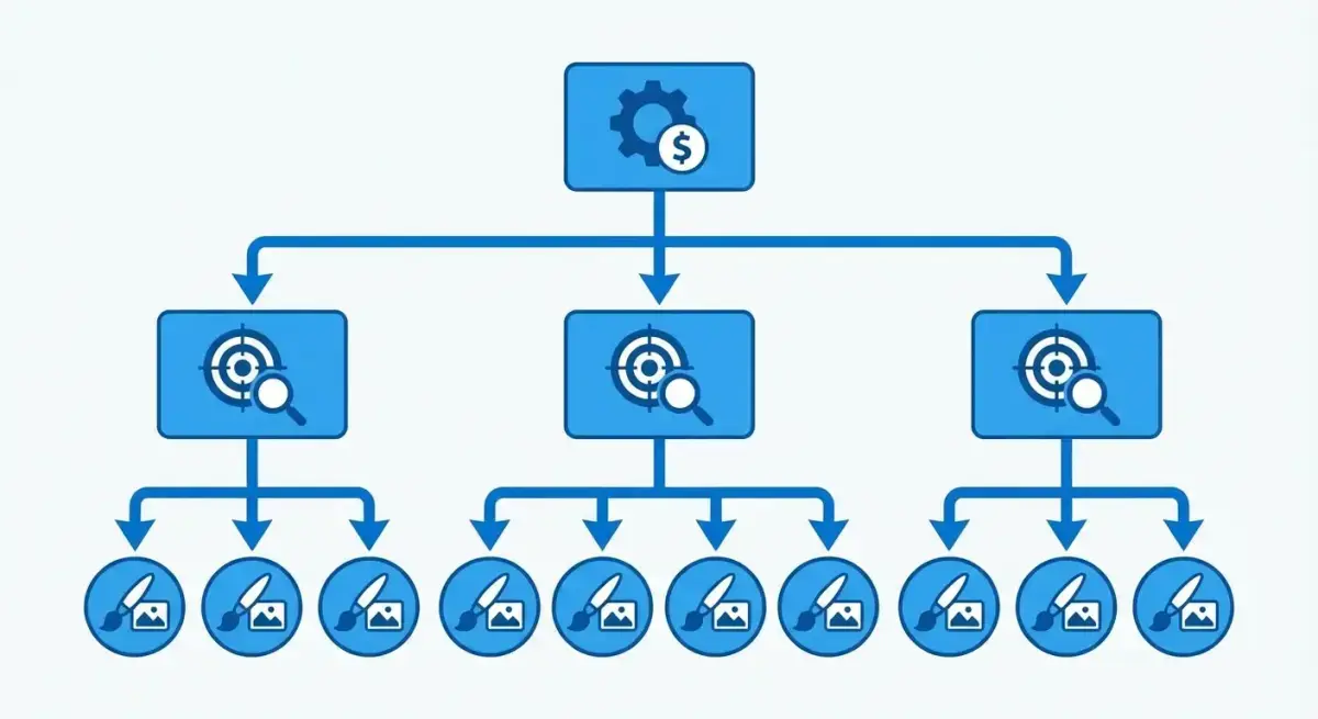 Иерархическая структура рекламного аккаунта Facebook: уровни кампаний, групп объявлений и объявлений