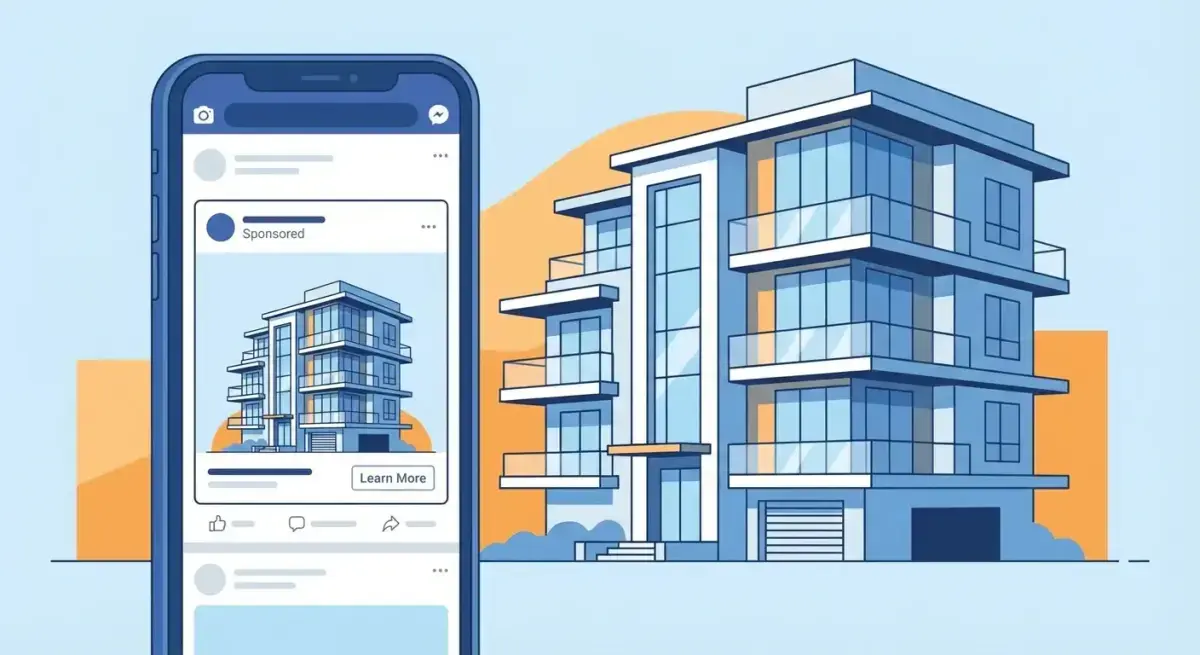Иллюстрация рекламы недвижимости через Facebook Ads: смартфон с объявлением о недвижимости в ленте Facebook
