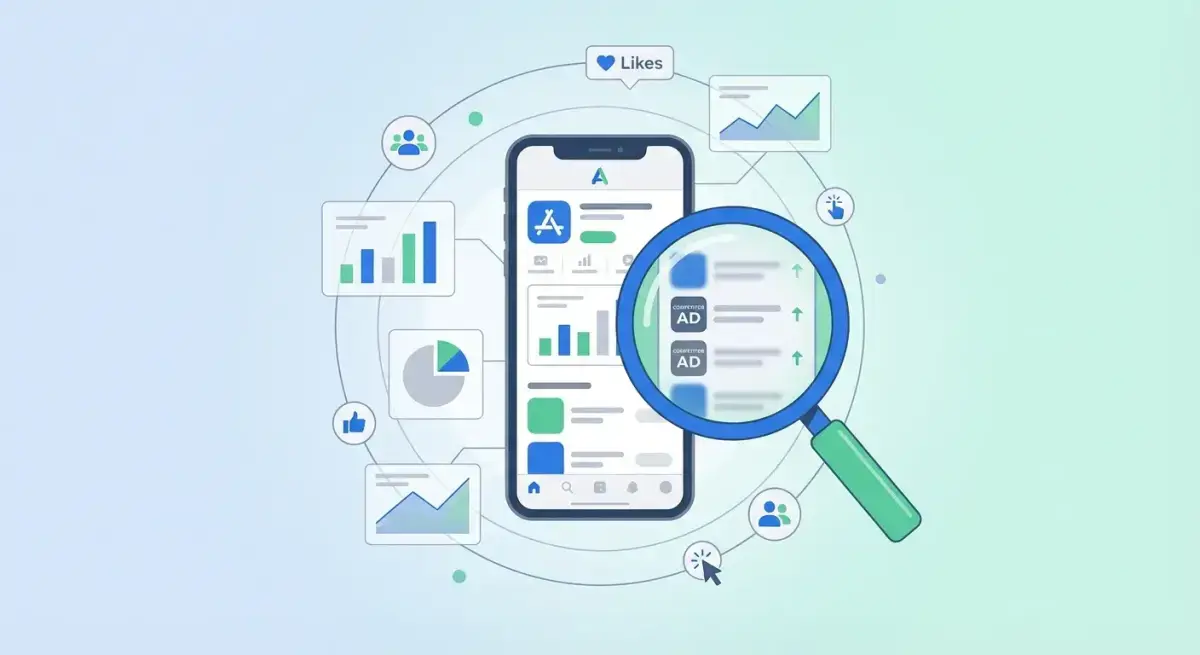 Иллюстрация анализа рекламы мобильных приложений: смартфон с аналитическими графиками и элементами конкурентной разведки