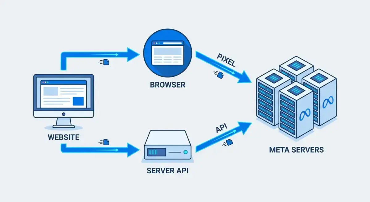 Схема потока данных от сайта к серверам Facebook через браузерный пиксель и серверный API