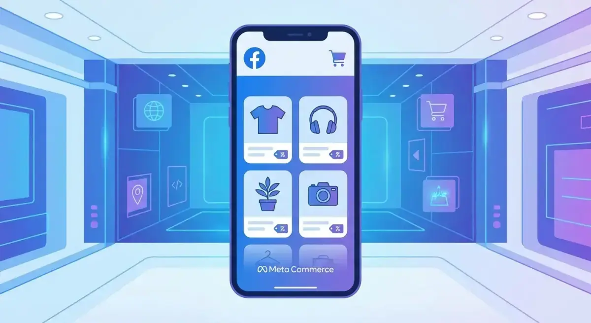 Иллюстрация интерфейса Facebook Shop с каталогом товаров на экране смартфона и элементами e-commerce