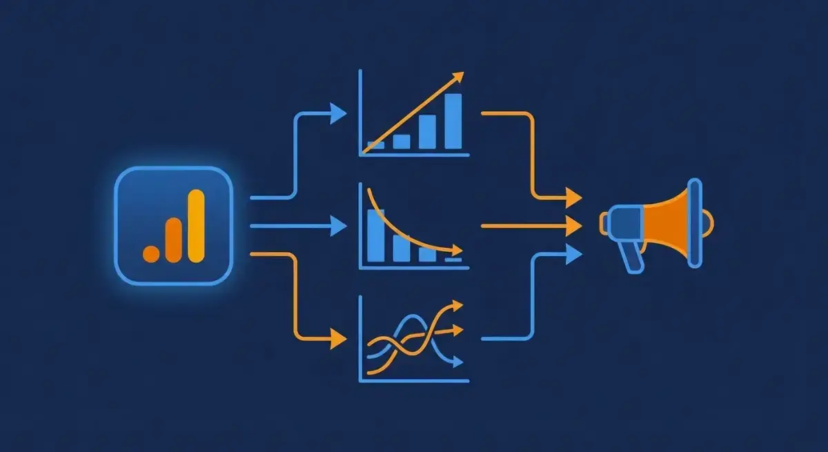 Концепция кросс-платформной атрибуции — иконки Google Analytics 4 и Facebook Ads соединенные потоками данных