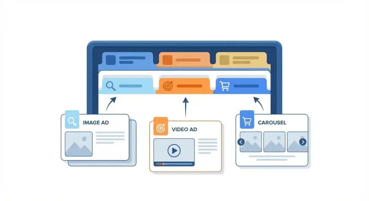 Система организации свайп-файла рекламных креативов Facebook с категоризированными карточками объявлений