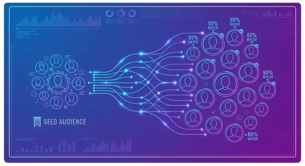 Иллюстрация концепции Lookalike-аудиторий в Facebook: seed-аудитория расширяется через AI-алгоритмы в большую похожую аудиторию