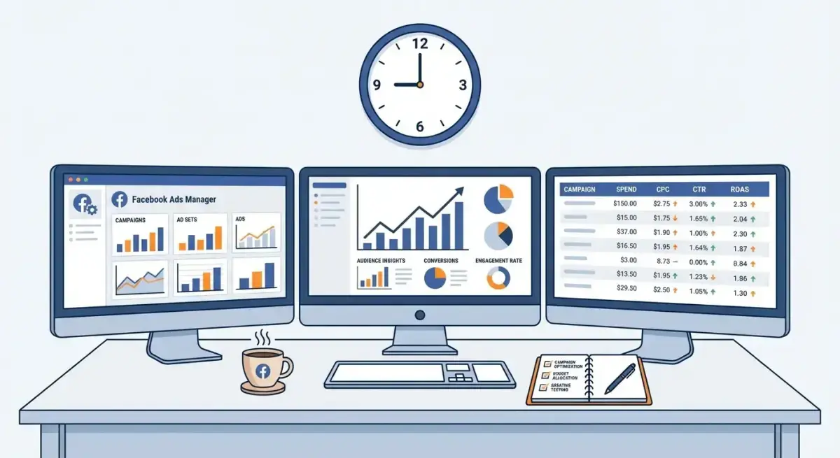 Рабочее место медиабайера с мониторами, показывающими дашборды Facebook Ads Manager с метриками и кампаниями