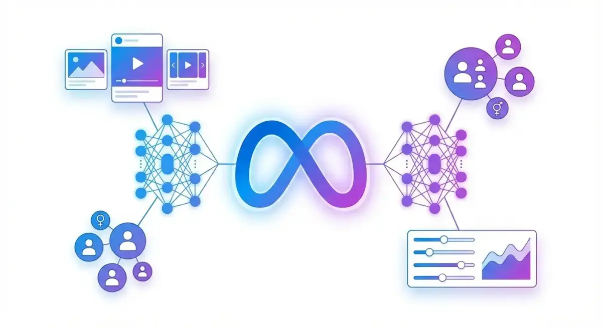 Иллюстрация автоматизации рекламы Meta Advantage+ с AI-элементами и рекламными креативами