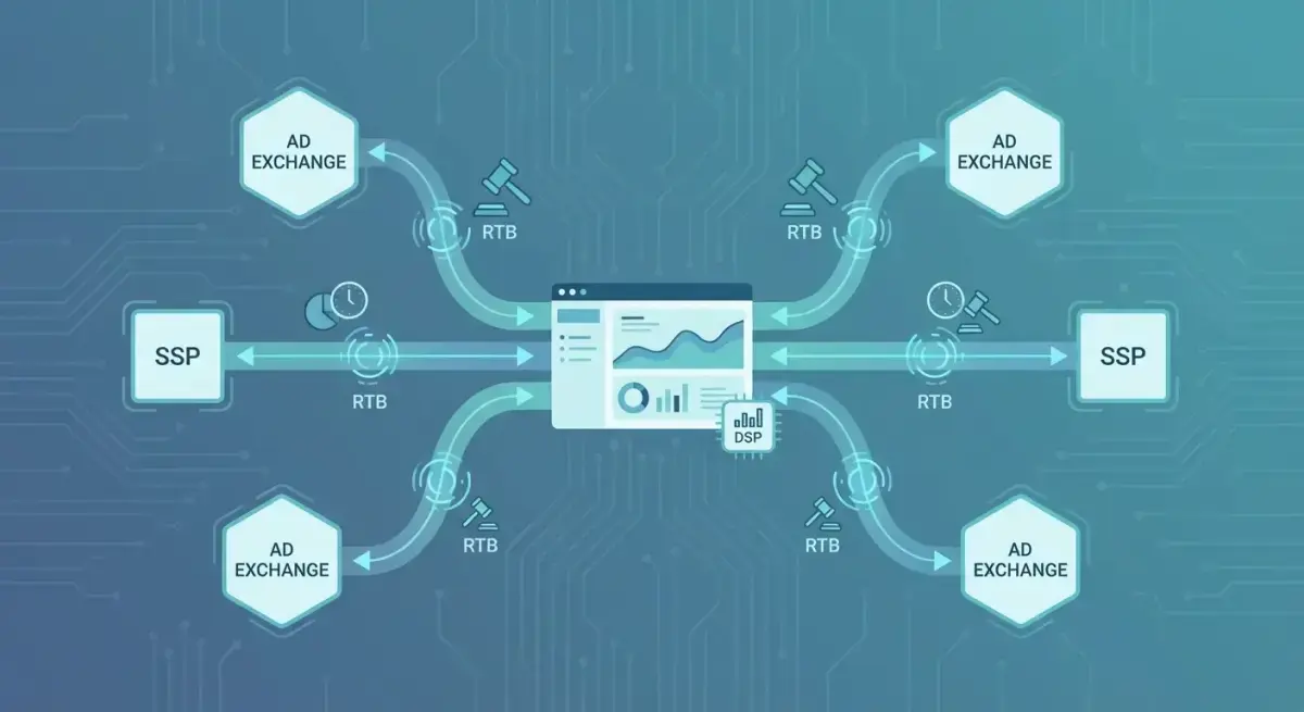 Иллюстрация экосистемы programmatic-рекламы: DSP, SSP и потоки данных между рекламодателем и издателем