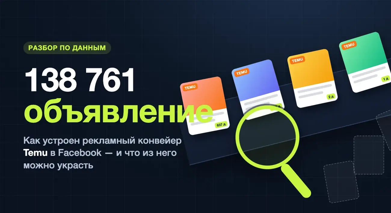 Конвейер рекламных креативов Temu в Facebook под лупой — 138 761 объявление с одной страницы