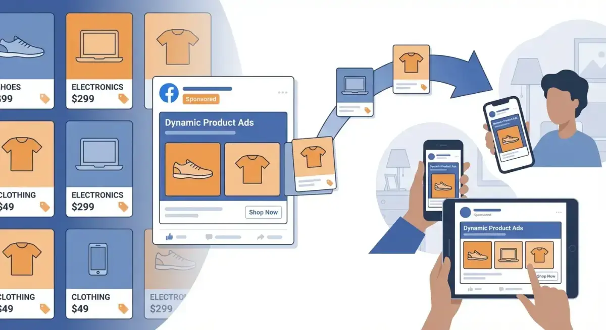 Ілюстрація динамічної реклами товарів у Facebook з каталогом продуктів та таргетованою рекламою на мобільних пристроях