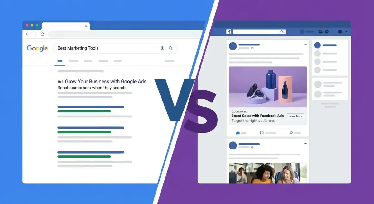 Візуальне порівняння Google Ads та Facebook Ads з розділеним екраном — пошукові оголошення зліва та соціальна реклама справа
