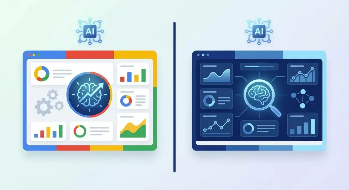 Порівняльна ілюстрація Google Performance Max та Meta Advantage+ з дашбордами обох платформ