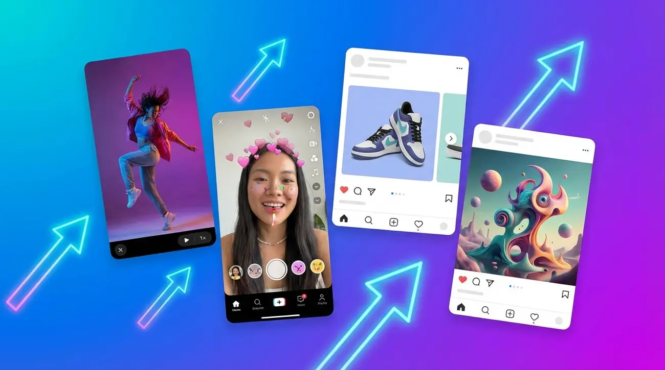 Collage of 2026 social media ad formats including UGC video, carousel, and AI creative with trend arrows