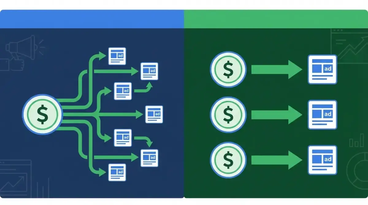 Split-screen comparison of CBO and ABO budget allocation strategies in Facebook Ads with flowing budget distribution diagrams