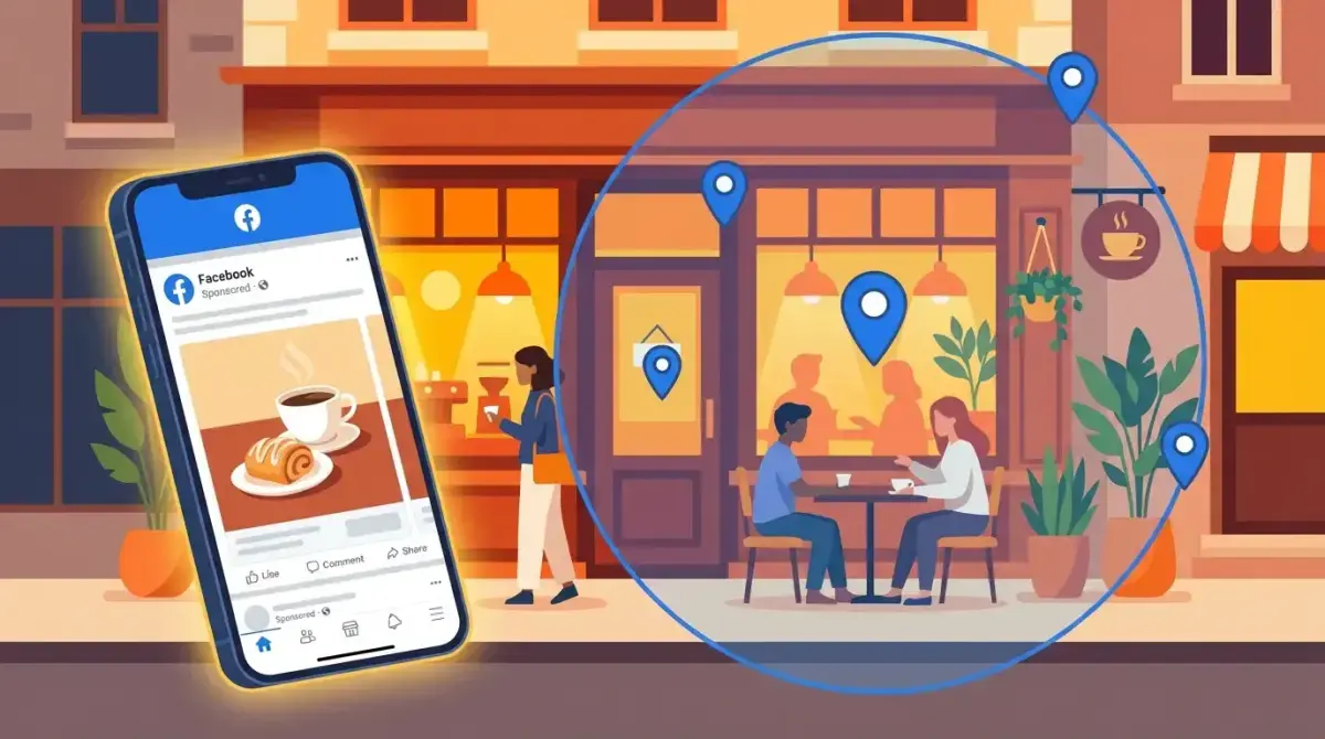 Illustration of a local storefront with a smartphone showing a Facebook ad and radius targeting circle overlay