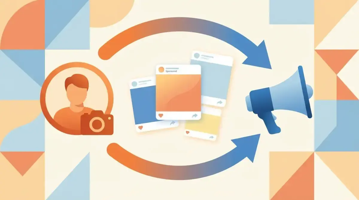 Creator profile connected to brand megaphone icon showing the influencer whitelisting partnership concept for Facebook Ads