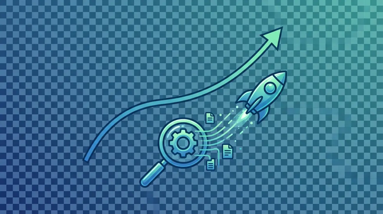 Growth trajectory chart with magnifying glass feeding data into ascending rocket ship