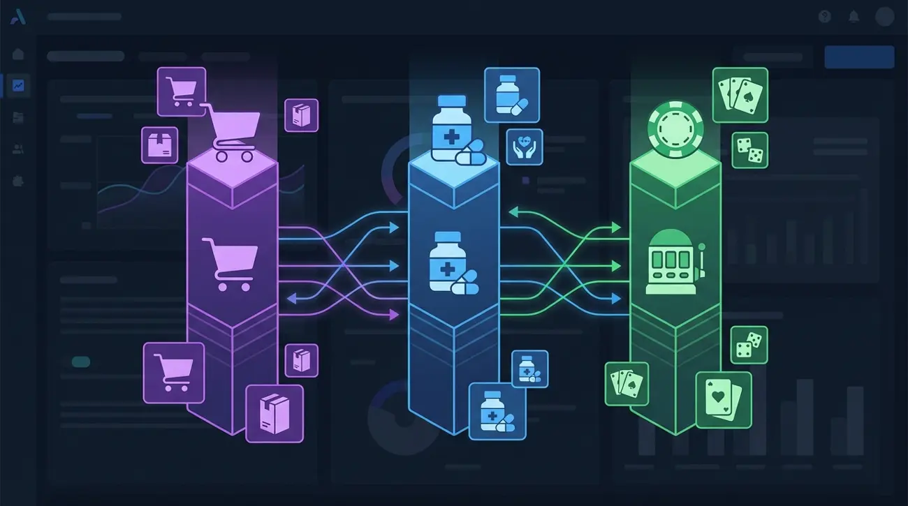 Аналитический дашборд с тремя вертикалями — e-commerce, нутра и гемблинг — с рекламными креативами