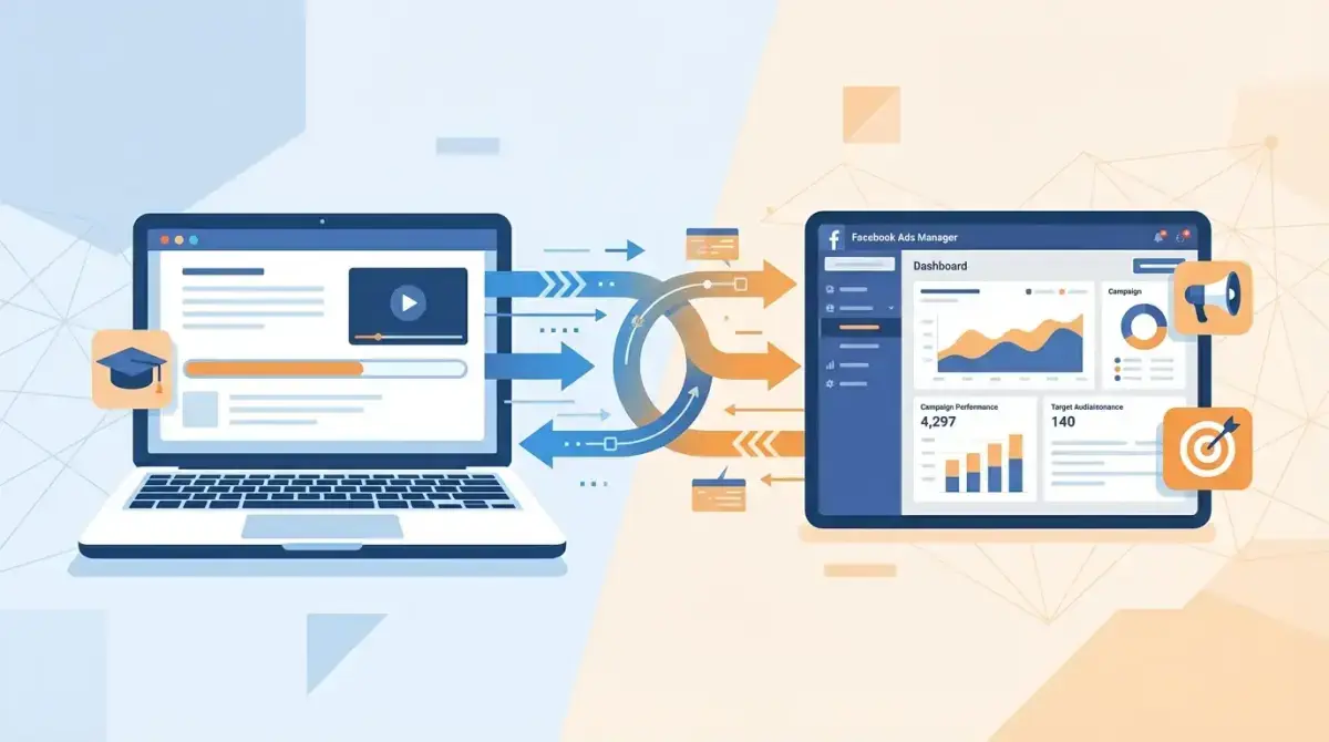 Иллюстрация продвижения онлайн-курсов через Facebook Ads с интерфейсом рекламного кабинета и элементами EdTech