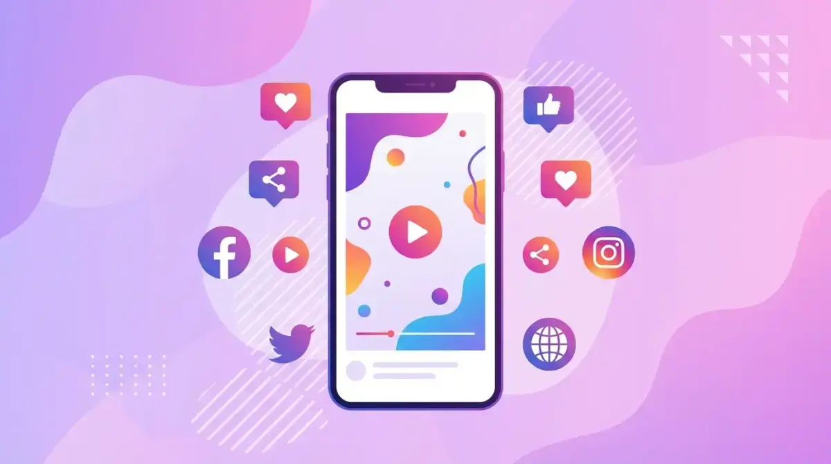 Смартфон с вертикальным видео и иконками вовлечения для концепции коротких видеообъявлений в Reels