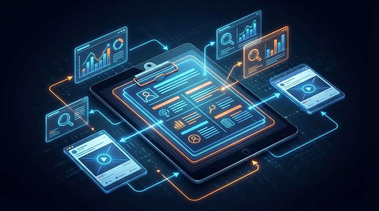 Креативный бриф собирается из данных spy-инструментов — аналитический дашборд с элементами документа