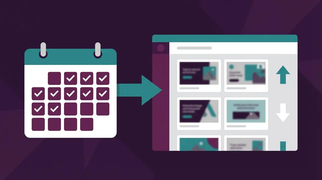 Иллюстрация системы еженедельного мониторинга рекламы конкурентов с календарём, дашбордом и уведомлениями