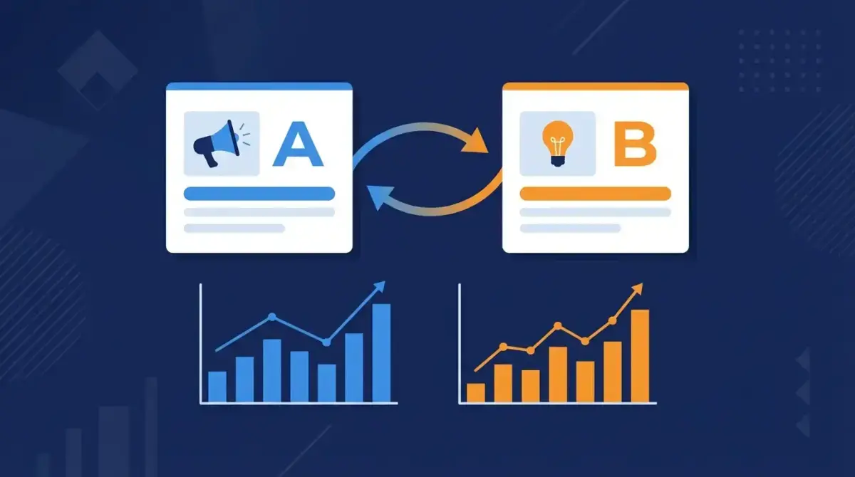 Концепція A/B тестування рекламних креативів — два варіанти оголошень А та B з графіками порівняння ефективності