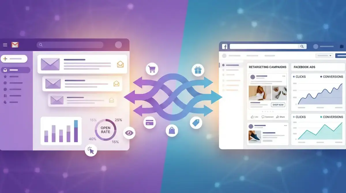 Ілюстрація інтеграції email-маркетингу та Facebook Ads для e-commerce з омніканальною воронкою продажів