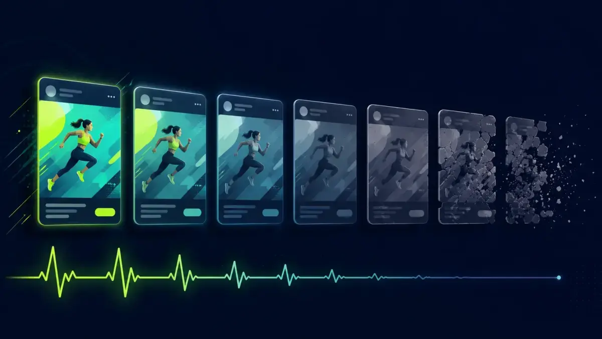 Life cycle of Facebook ad creatives visualized as glowing cards fading and crumbling with a flattening pulse line