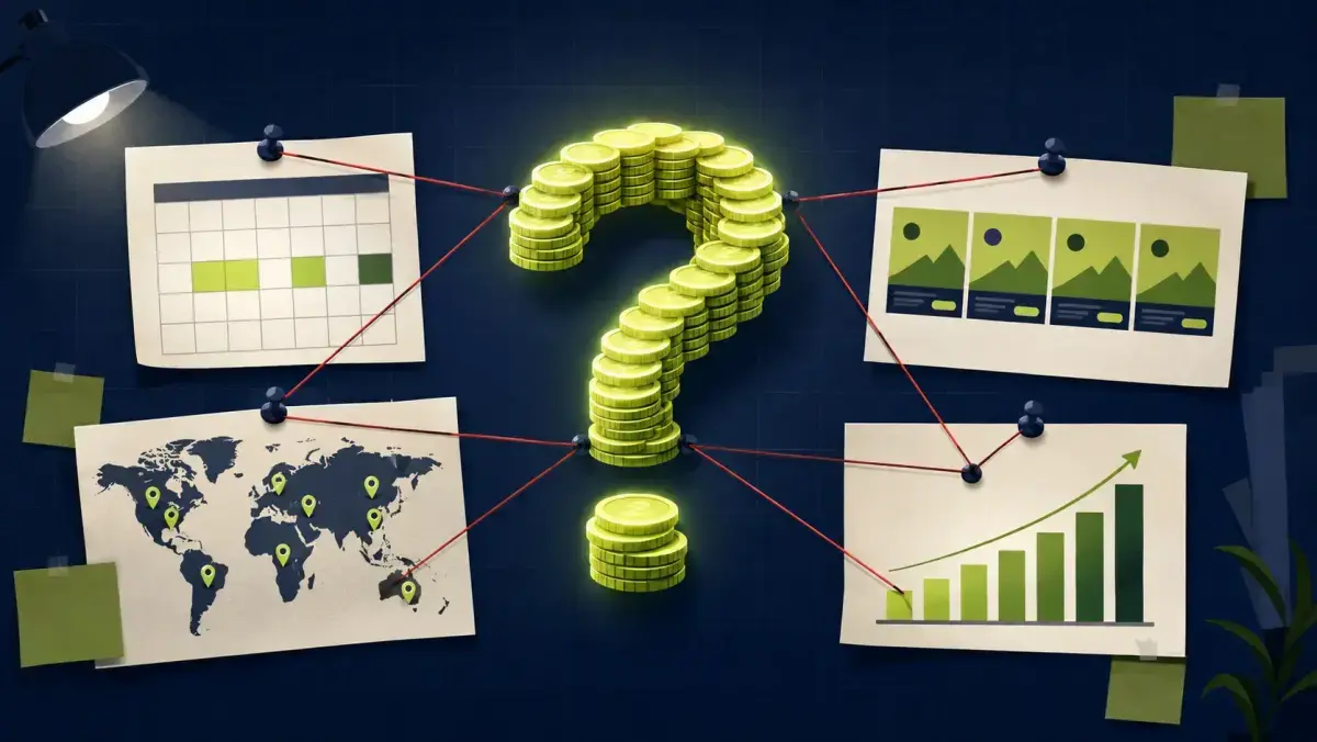 Investigation board connecting a calendar, a world map, duplicated ad cards and a bar chart to a question-mark stack of coins