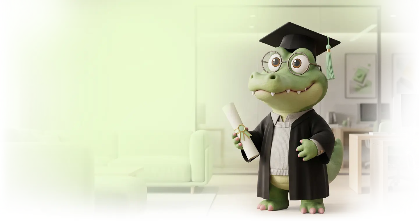 Adligator Academy mascot in graduation cap and gown holding a diploma