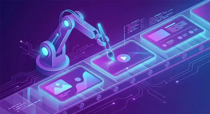 AI-powered ad creative production pipeline illustration with multiple ad variations being generated automatically